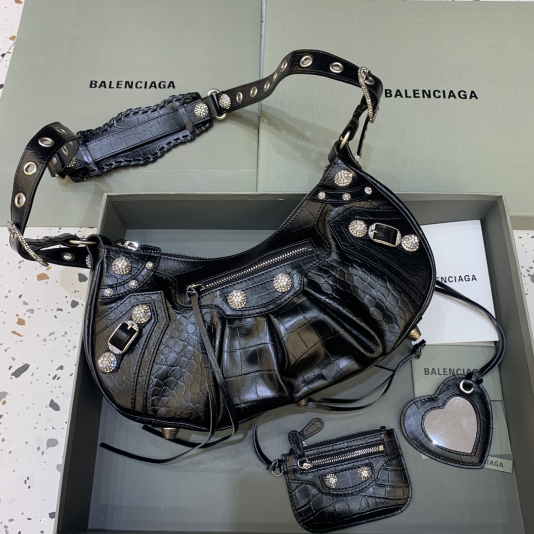 Balenciaga Le Cagole Small Shoulder Bag Crocodile Embossed Rhinestones Black